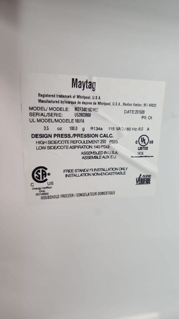 Maytag Used MZF34X16DW 30 Inch Upright Freezer - Image 2